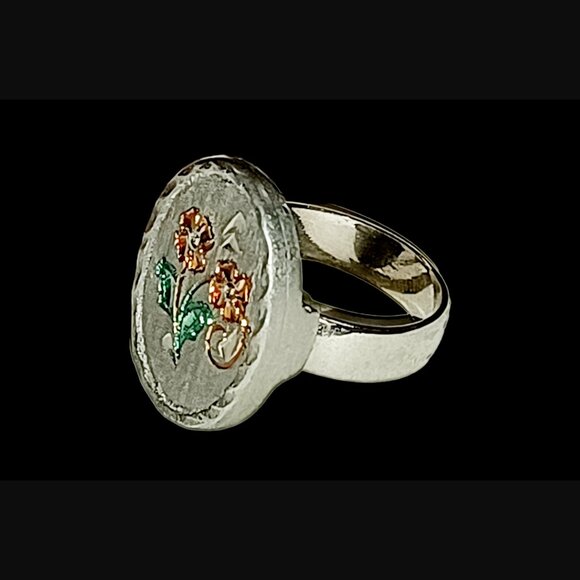 Kelly Waters Hand Engraved Pewter Adjustable Ring Resting Size 6.5 Floral Design - Picture 2 of 7